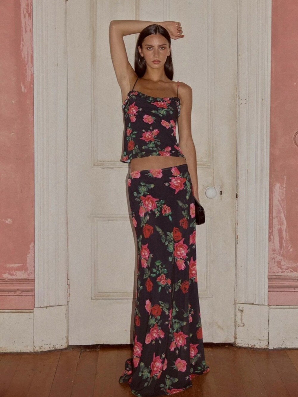 NWT Peppermayo SET Floral Camisole Maxi Skirt Black Red Roses SMALL Evening Top - Picture 2 of 16